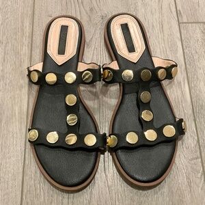 KENSIE Nanette Black With Gold Tone Accents Flat Sandals Size 7.5